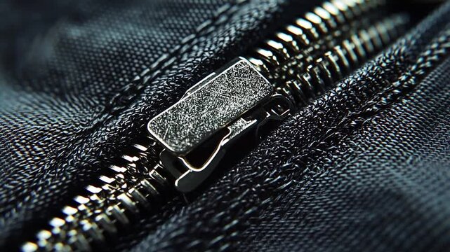Close-up of a metallic zipper on dark fabric showcasing intricate details and texture