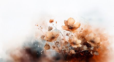 Watercolor blooms in soft orange and brown tones, painted with delicate brushstrokes.  A dreamy floral composition with a light and airy feel on a white backdrop.