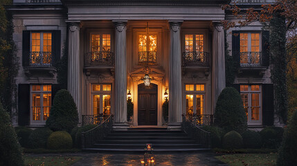 Fototapeta premium stately Georgian home with symmetrical columns and warm lighting