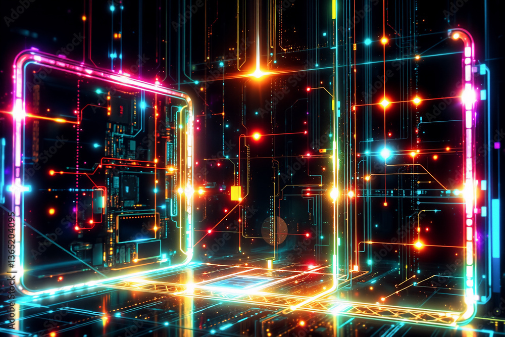 Leinwandbilder Abstract digital technology scene with glowing neon lines forming circuit patterns. Vibrant colors illuminate a dark futuristic background.