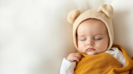 An adorable baby wears a cute bear hat while snuggled in a cozy wrap, evoking joy and warmth through this charming representation of childhood innocence and love.