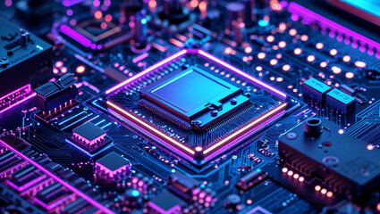Fototapeta premium Modern Technology Concept with Glowing CPU Core and Sleek Motherboard Composition