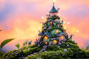 Enchanting fairy village nestled on mossy hill at magical sunset, a whimsical miniature world