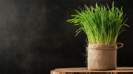 Wheatgrass emerges from a rustic burlap bag on a wooden surface, representing health and vitality, ideally suited for health and wellness-related imagery.