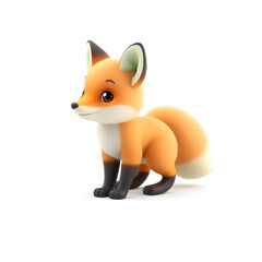 Fototapeta premium Fox – 3D baby fox, chubby body, big fluffy tail, light orange and pastel green tones, white background Generative AI
