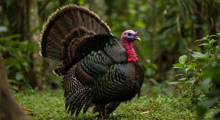 Majestic Ocellated Turkey Displaying Colorful Feathers in Lush Green Forest
