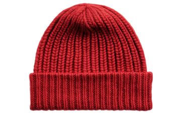 Bright red knitted beanie hat on black background, cut out