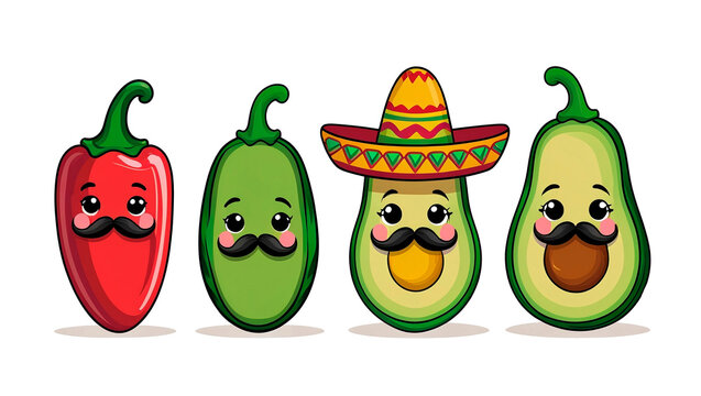 set of cute funny mexicam cartoon vegetables clipart