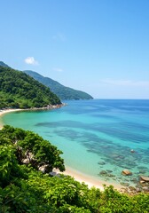 Obraz premium Serene tropical beach cove basks in vibrant sunlight showcasing turquoise waters and lush green hills.. AI Generated