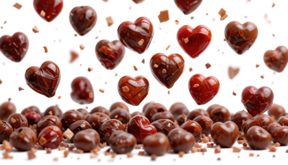 Falling chocolate hearts isolated on transparent background. 