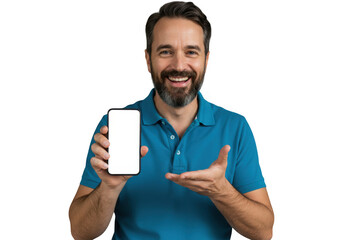 Man presenting blank smartphone screen with a happy smile on a transparent background