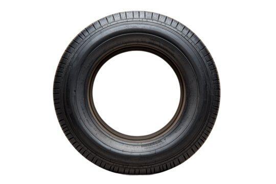Black car tire on black background displaying tread pattern and texture, cut out