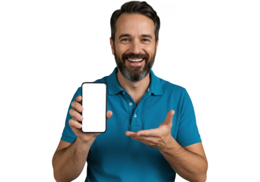 Man presenting blank smartphone screen with a happy smile on a transparent background