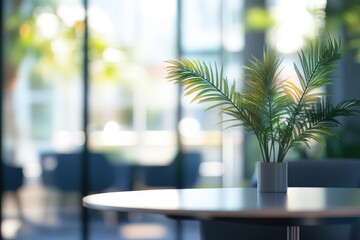 Blurred, empty modern office interior with panoramic windows and a table for meetings or presentations in the blurred background, with no people. This is a business concept