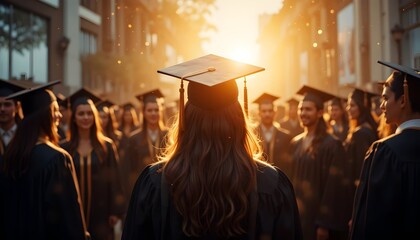 Obraz premium Graduates Walking Forward in Caps at Sunset