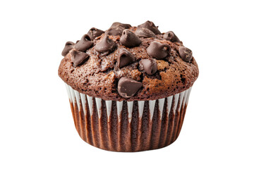 Delicious chocolate chip muffin with rich chocolate flavor on black background, cut out