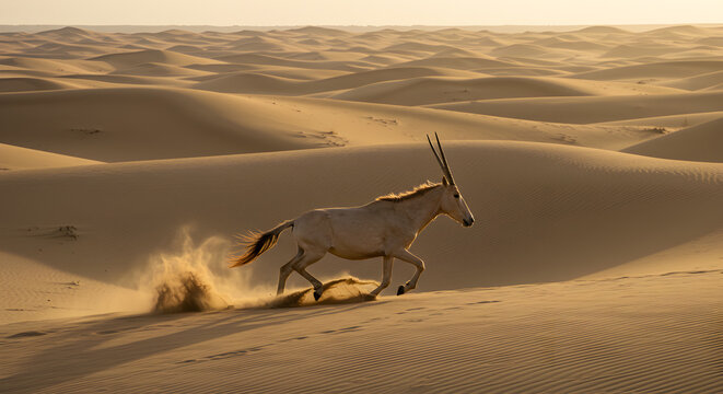 Majestic onager galloping vigorously across endless golden sands landscape