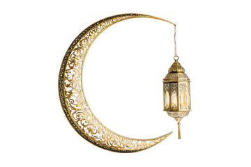 Ornate golden crescent moon decoration with a hanging lantern against a black background scene view