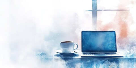 Blurred white background with a laptop and coffee cup on a table in a modern home office interior, a panoramic banner for online learning or remote work concept.
