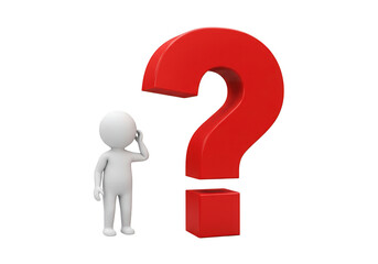 Stick figure pondering beside a large red question mark 