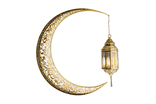 Ornate golden crescent moon decoration with a hanging lantern against a black background scene view