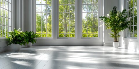 Fototapeta premium Bright indoor space showcasing a beautiful view and lush greenery