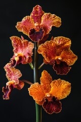 Obraz premium A vibrant display of orange and purple orchids blooming gracefully against a dark background, showcasing their intricate patterns and textures, perfect for floral enthusiasts and decor