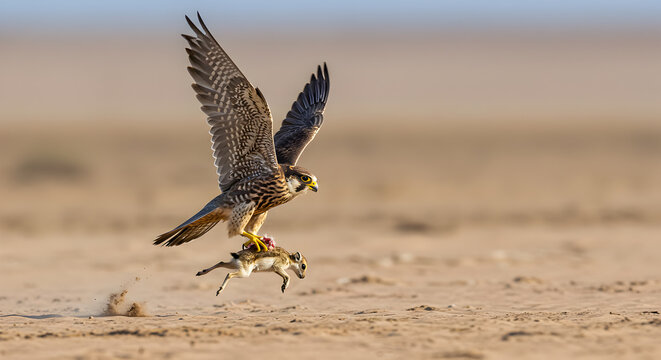 Magnificent saker falcon carrying its prey across the open desert landscape