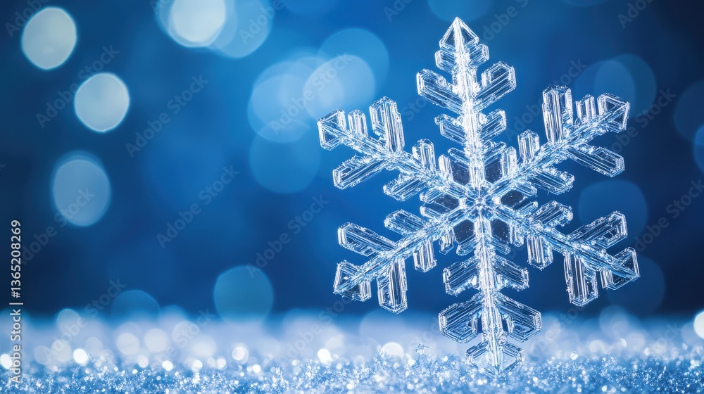 Aufkleber a close-up image of a delicate snowflake on a sparkling, frosty surface with a blurred blue backgrou