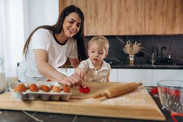 Teaching how to use bakeware. Mother and son are preparing bakery at home