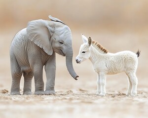Fototapeta premium A baby elephant observes a small donkey in a soft toned scene