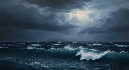 Obraz premium Dramatic Seascape Painting of Ocean Waves Under a Stormy Sky, Powerful Nature