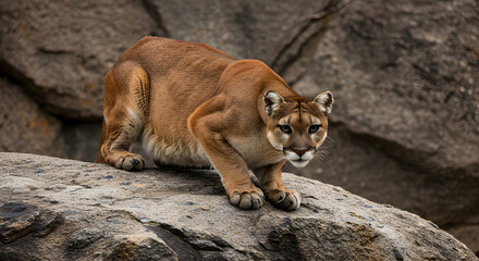Majestic Puma Crouching on Granite Outcrop Observing Potential Prey with Focused Gaze