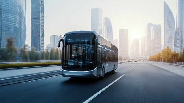 An AI powered autonomous electric bus, self-driving buses providing public transportation with smart route optimization and energy efficiency, Mobility tech style