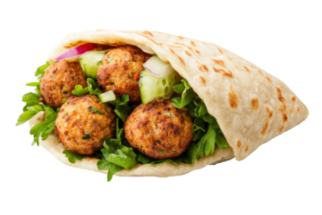 Fresh falafel wrap with vegetables and flatbread on isolated white, cut out