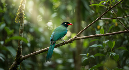 Fototapeta premium Emerald Gaze: Javan Green Magpie Perched in Serene Rainforest Canopy