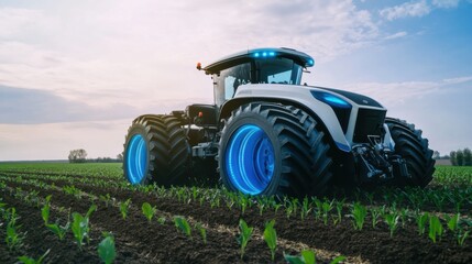 Obraz premium An AI powered autonomous farming tractor, plowing fields and planting crops with precision for improved yields, Agricultural tech style