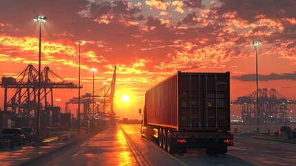 Fototapeta premium Sunset at the Port: A Trucking Journey