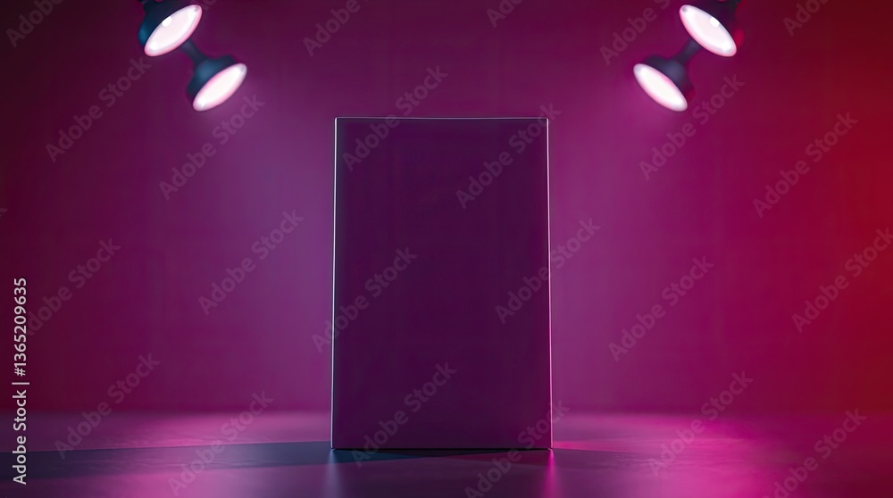 Poster single rectangular prism is centered underneath two directed spotlights