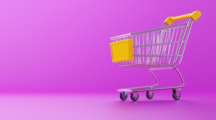 A shiny shopping cart with a yellow handle against a vibrant purple background, suggesting retail and consumer culture.