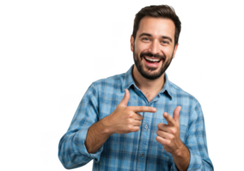 Bearded man in blue shirt pointing with a cheerful smile