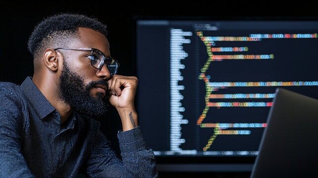 Machine learning specialist examining data trends with a customizable text area