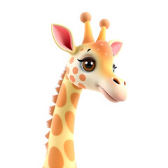 Obraz premium Giraffe – 3D baby giraffe, long neck, big round eyes, small horn-like ossicones, pastel yellow and pink tones, white background Generative AI