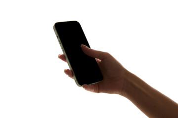 Female hand holding modern smartphone with empty black screen isolated on white background. Concept of mobile technology, user interface, digital lifestyle, app design, tech product marketing. Mockup