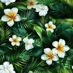 Tropical leaves and white flowers in seamless pattern, Summer Textile Seamless Pattern Background