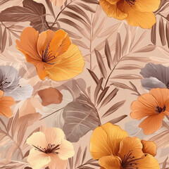Tropical floral pattern with orange and beige hibiscus blooms, Summer Textile Seamless Pattern Background