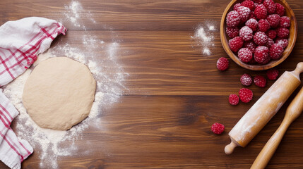 Naklejka premium Baking essentials: fresh dough and raspberries on wooden table