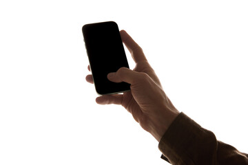 Male hand holding modern frameless smartphone with dark empty screen, against white background. Concept of app interface mockups, tech product advertising, website visuals, mobile technology usage.