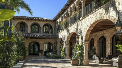 Fototapeta premium Mediterranean villa with stone arches and lush greenery