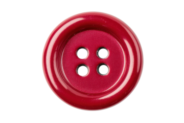 Red circular four-hole button on black background, cut out